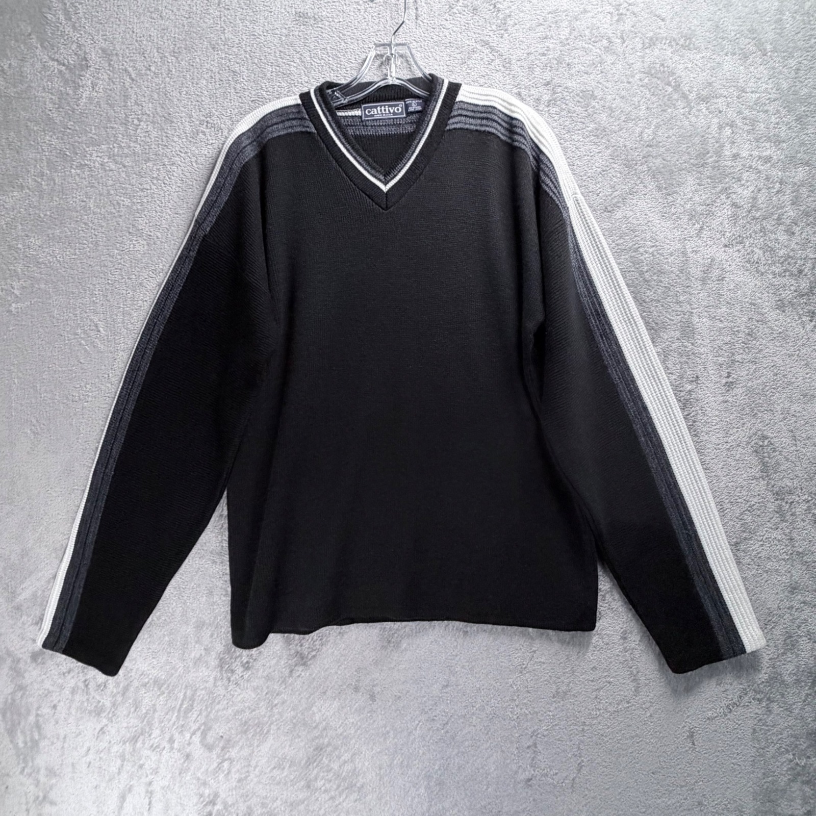 Cattivo V-Neck Sweater Mens Large Black Grey White Striped Sleeve Retro Sporty — image 2 of 8
